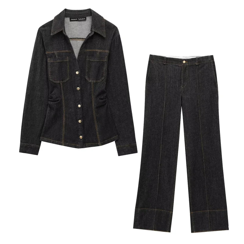 Women's Slim-Fit Denim Shirt with Stretch Waist and Flare Trousers for Comfortable Spring Style