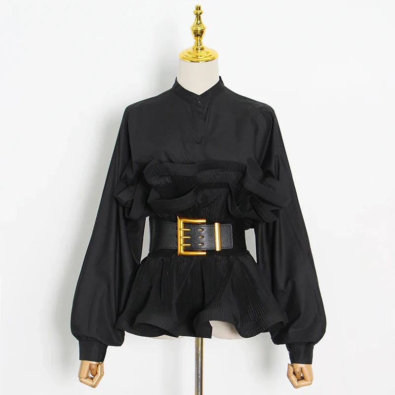 Solid Patchwork Belt Minimalist Women's Shirt Stand Collar Long Sleeve Tunic Spliced Ruffle Casual Blouse