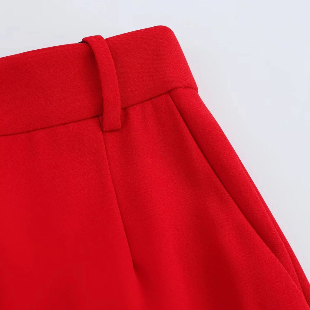 Red Vest Blazer Set For Office Lady With Wide Leg Pants