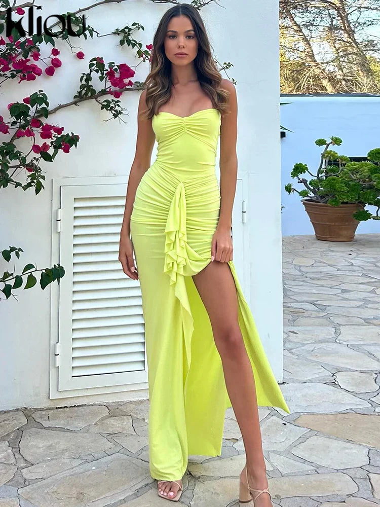 Halter Ruched Bandage Maxi Dress For Women Sleeveless