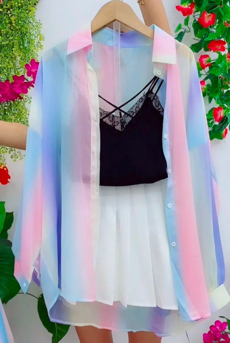 Sheer Long Sleeve Gradient Rainbow Blouse Casual Loose Fit Office Shirt for Women
