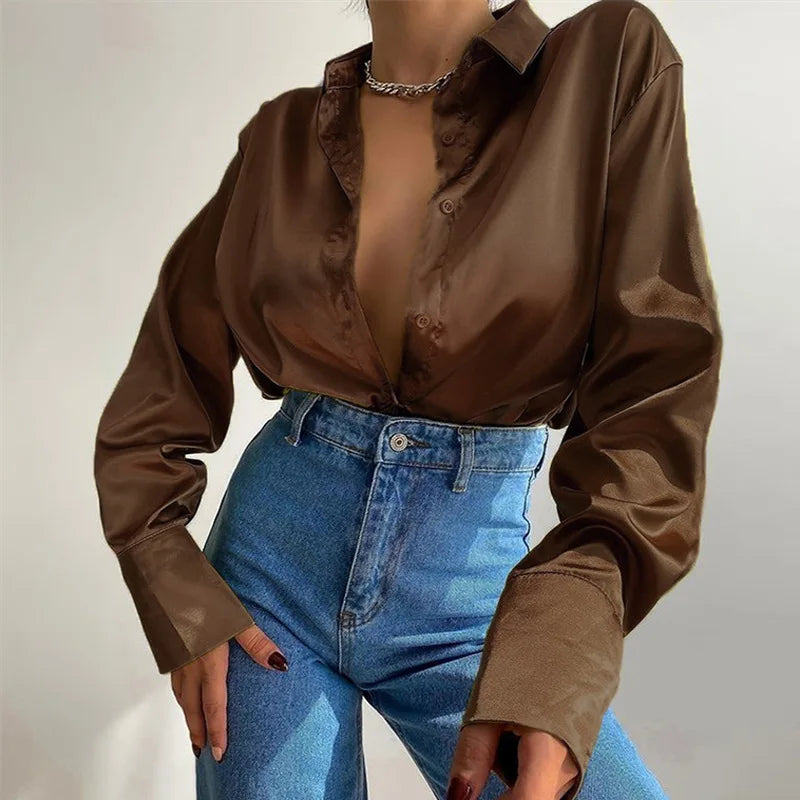 Elegant Satin Long Sleeve Blouse for Women Vintage Blue Green Silk Casual Loose Button Up Shirt Stylish and Comfortable Female Tops