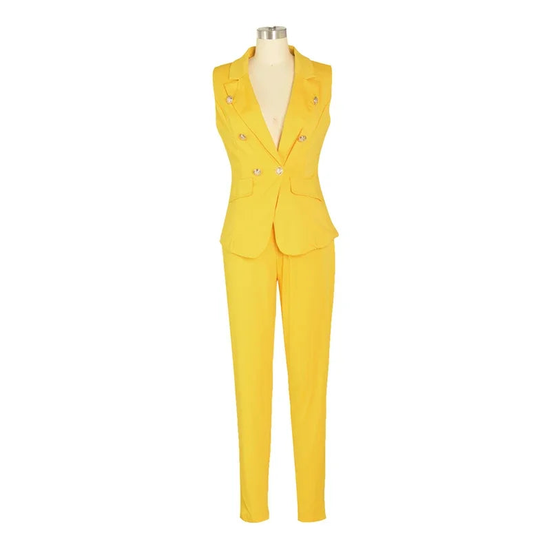 Elegant Women's Two Piece Pant Suit Set with Sleeveless Blazer and Pencil Pants for Office and Business Wear