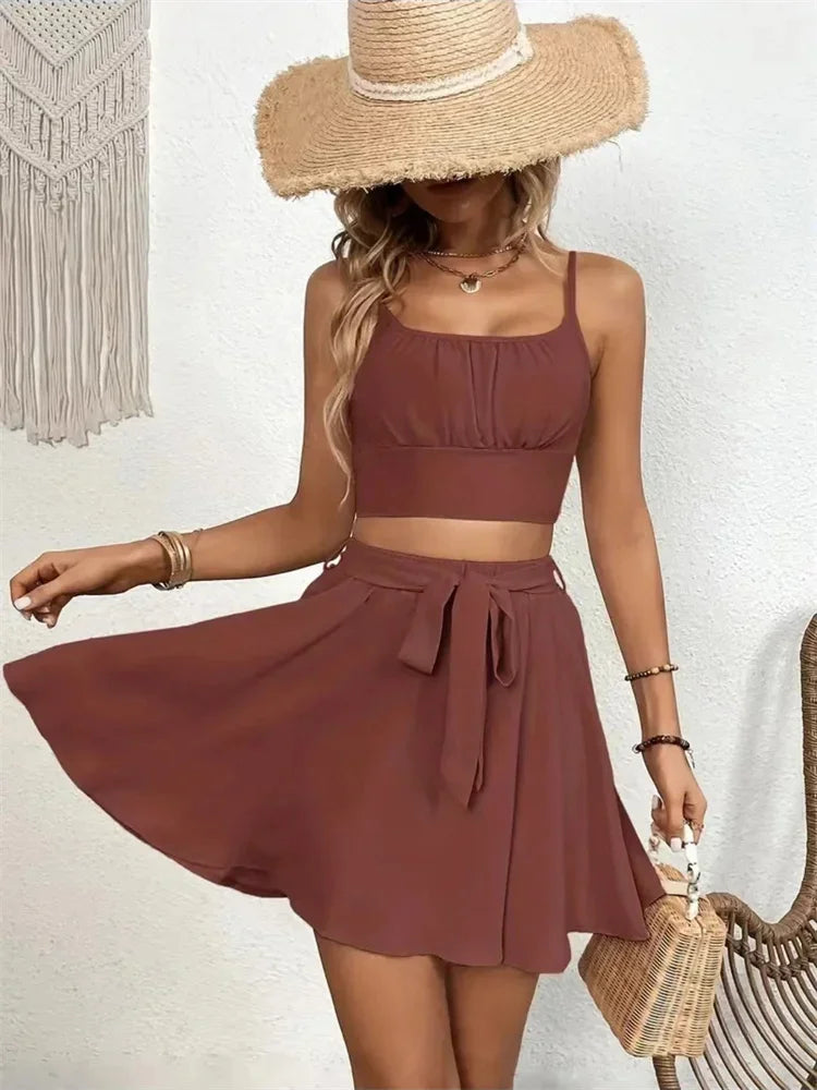 Summer Women Two Piece Set Sleeveless O-Neck Crop Top with Buckled Belted Shorts Skirt Casual Chic Outfit