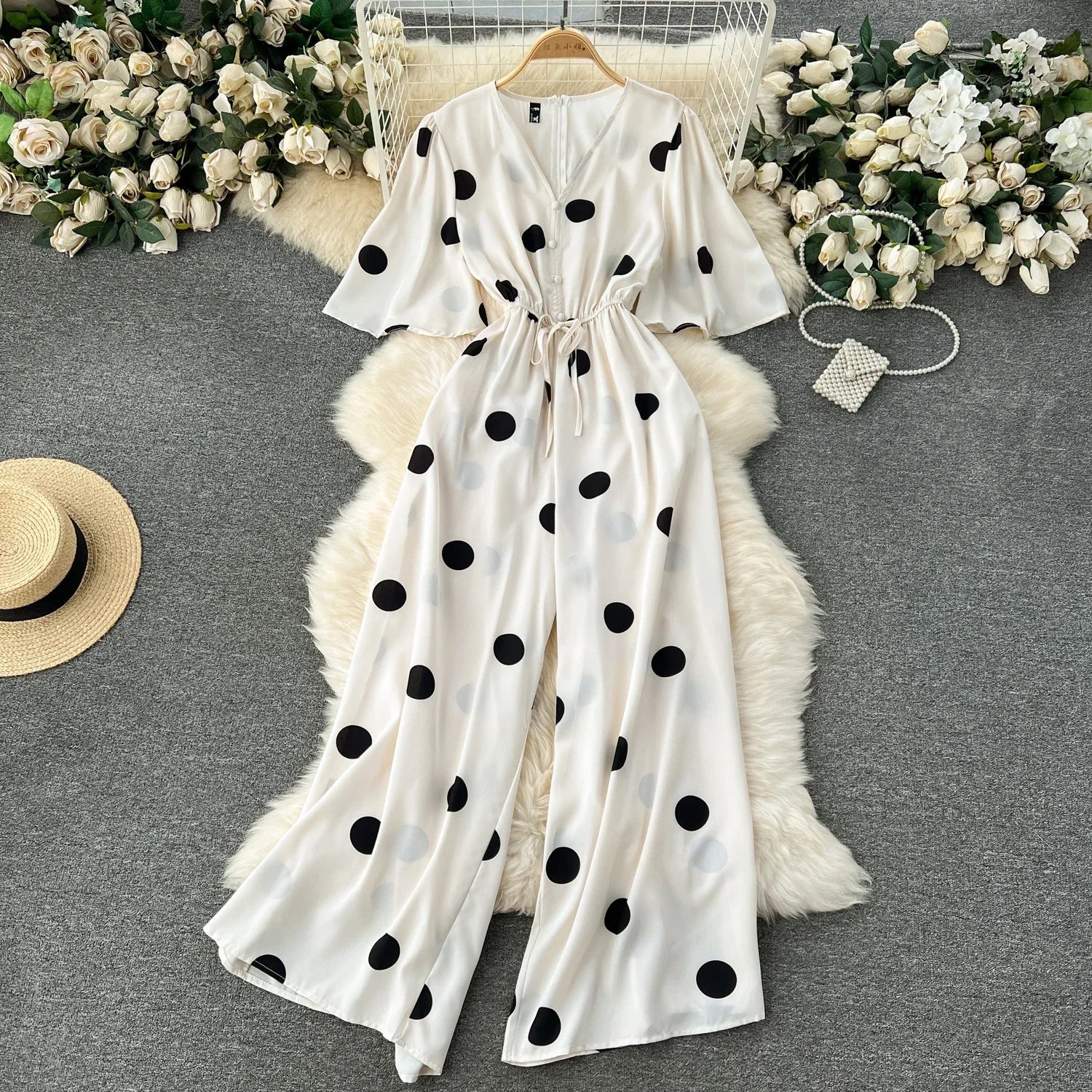 Women Wide Leg Polka Dot Jumpsuit with V Neck Dolman Sleeves and Slim Waist Design