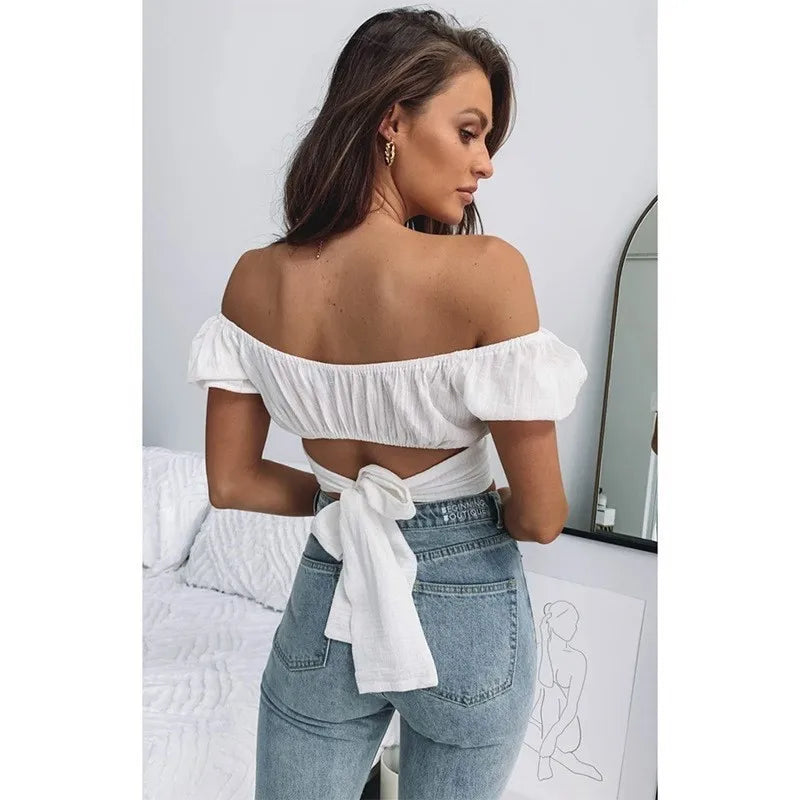 Women's Butterfly Tie One Shoulder Monochromatic Top with Sweet Back Tie and Short Sleeves
