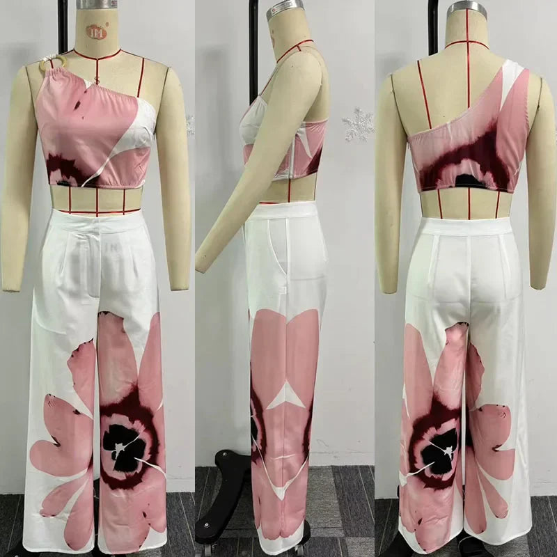 Flower Print Two Piece Set for Women One Shoulder Crop Top and Loose Wide Leg Pants Vacation Outfit