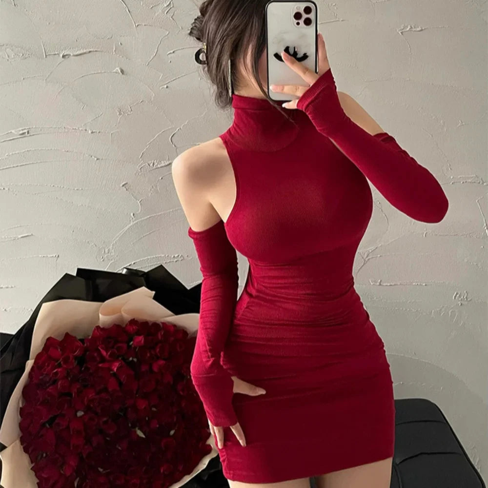 Red Bodycon Mini Dress High Neck Slim Fit Evening Party