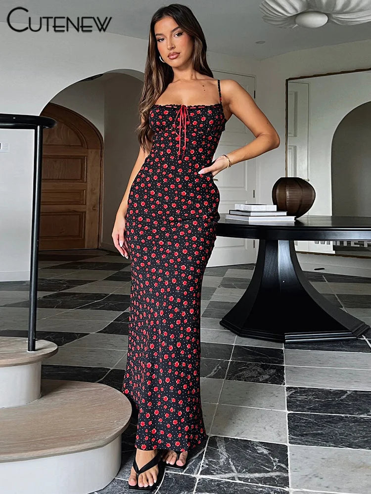 Rose Print Maxi Dress for Women Summer Bodycon Style