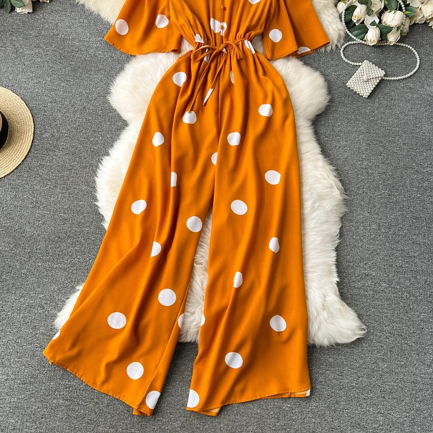 Women Wide Leg Polka Dot Jumpsuit with V Neck Dolman Sleeves and Slim Waist Design