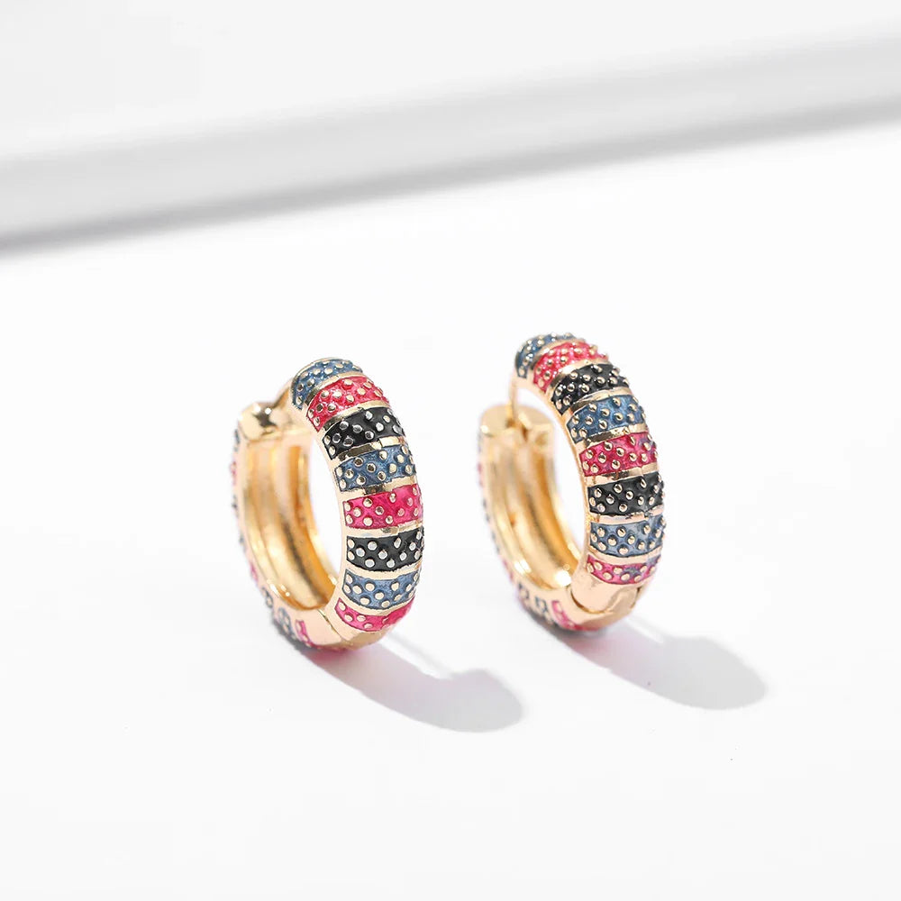 Vintage Enamel Flower Huggie Hoop Earrings for Women Colorful Engraved Round Retro Ear Jewelry