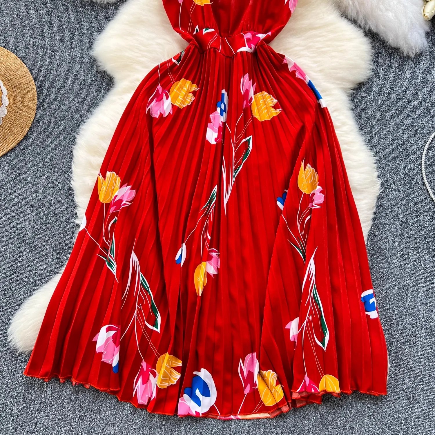 Floral Print Maxi Dress High Waist Spaghetti Strap Backless