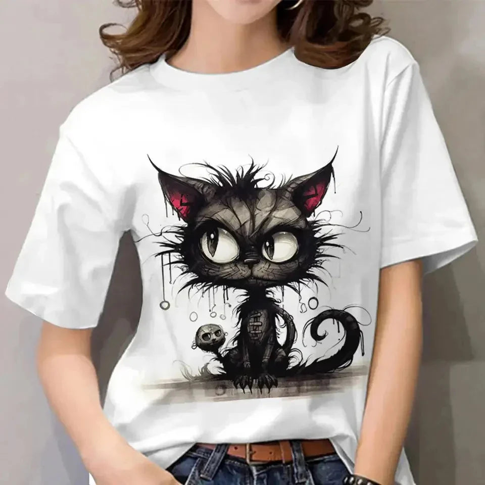 Cute Cat Printed Women's T-Shirt Comfortable Casual Short Sleeve Top for Daily Wear