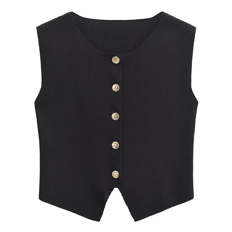 Women's 2 Piece Knit Skirt Set with Cropped Sleeveless Vest and High Waist Slim Fit Skirt in Solid Color with Gold Button Detail