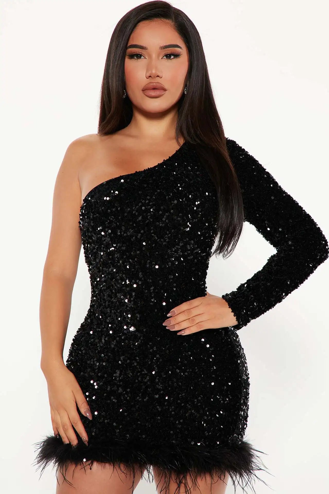 Elegant Off Shoulder Sequin Party Dress Long Sleeve
