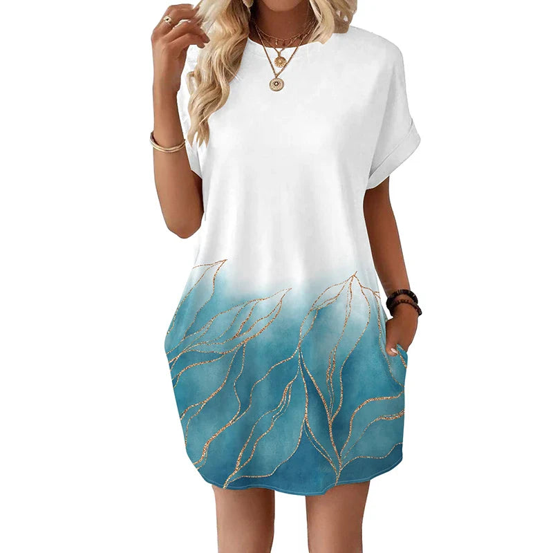 Printed Round Neck Pocket Dress For Women Short Sleeve