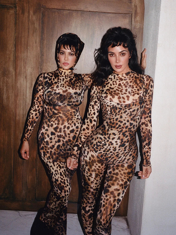 Leopard Print Women's Full Sleeve Zip Jumpsuit Skinny Stretch Fitness Workout Streetwear Overalls