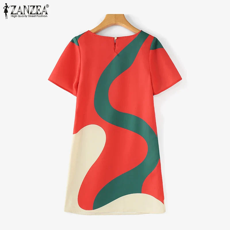 Women Colorful Printed Sundress Round Neck Short Sleeves
