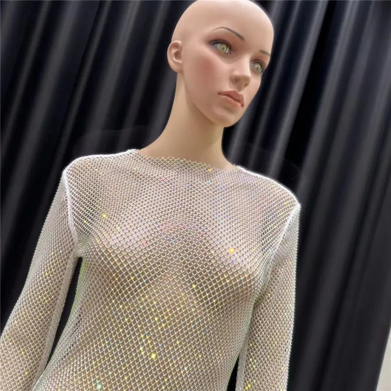 Rhinestone See Through Club Dress With Fishnet Details