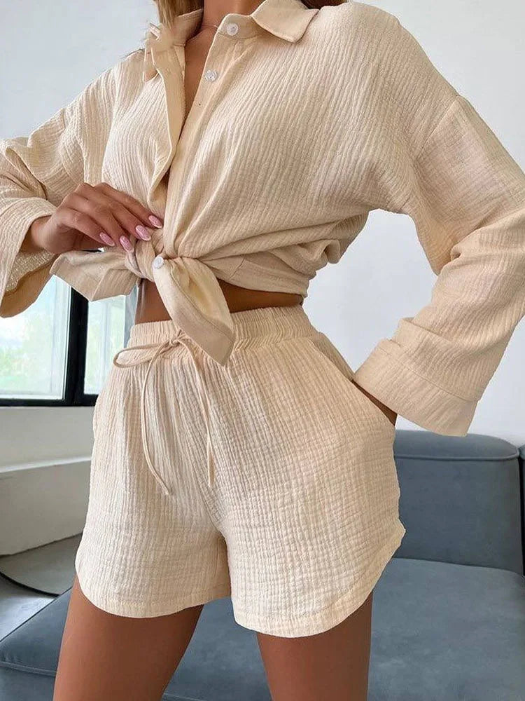 Colorful Plus Size Loose Fit Candy Color Two Piece Set with Blouse and Wide Leg Shorts for Summer and Spring