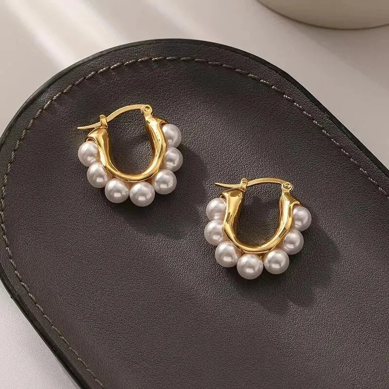 Elegant Gold U-shaped Hoop Earrings with Imitation Pearls for Weddings and Parties