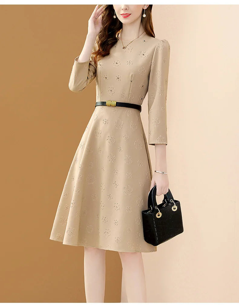 Floral Embroidered Belt Dress for Women O Neck A Line