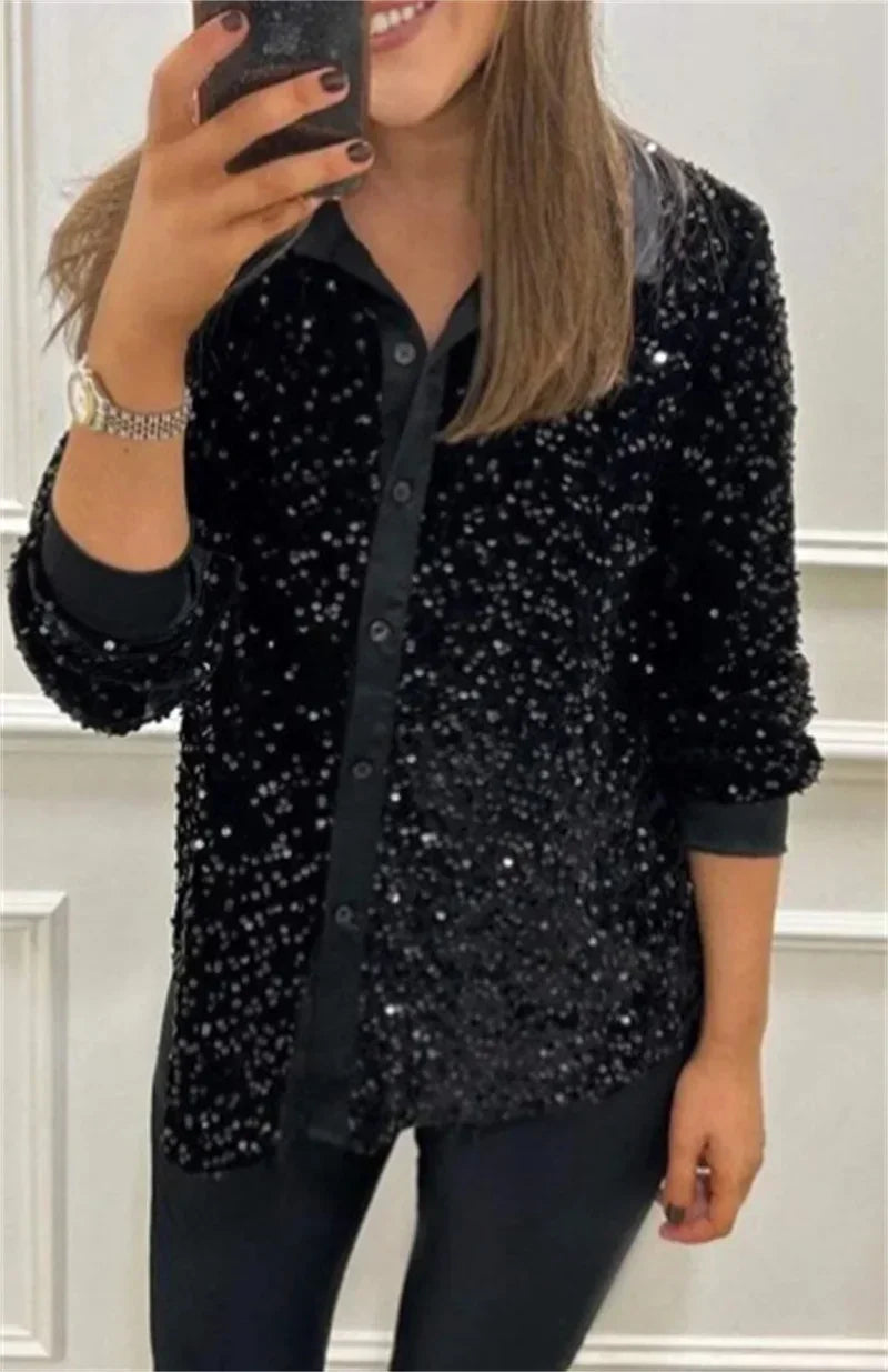 Sequin Lapel Women's Black Shirt Casual Glitter Loose Long Sleeve Single Breasted Retro Party Top Streetwear