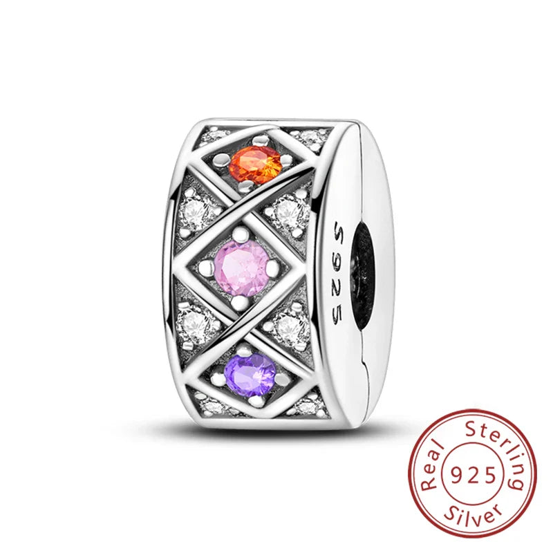 Fit Original 925 Sterling Silver Clip Charms with Zircon and Silicone Spacer Beads for Women DIY Bracelet Gift