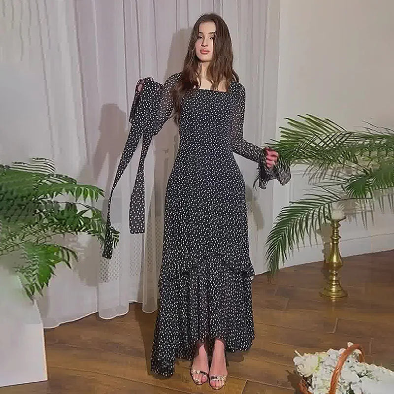 Polka Dot Chiffon Dress With Lotus Sleeve High Waist