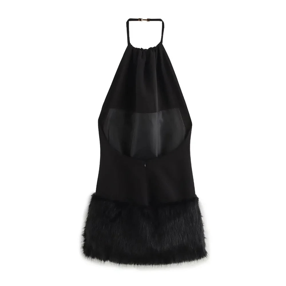 Women Faux Fur Dress Halter Neck Open Back Mini Chic
