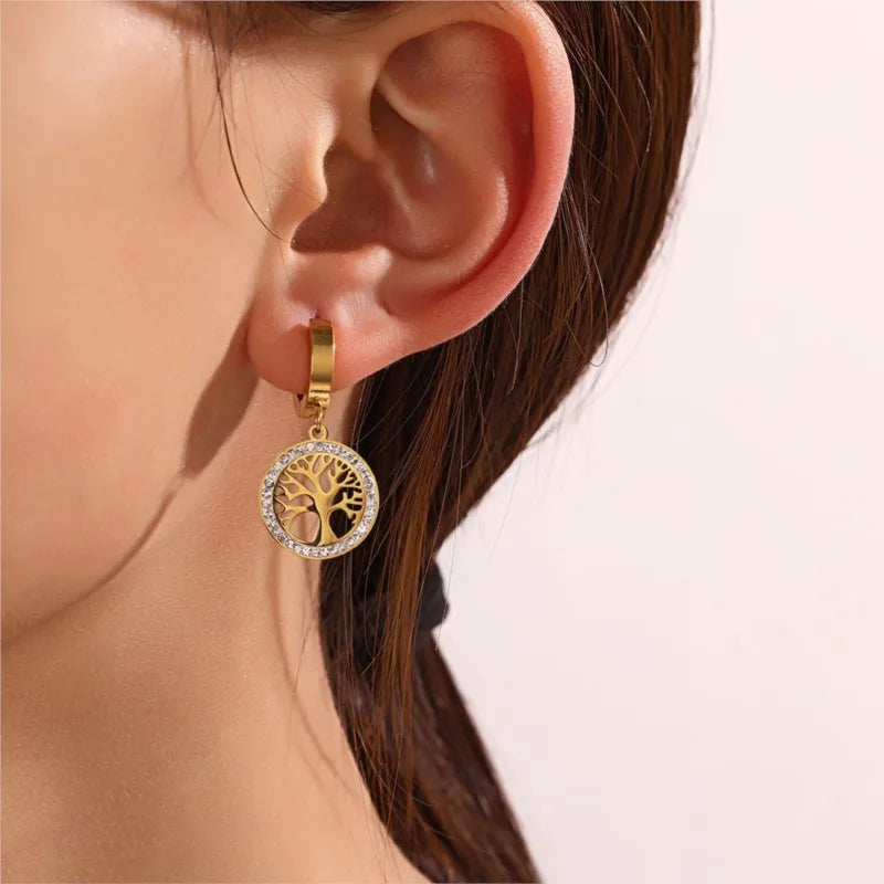 Trendy Titanium Stainless Steel Bohemia Hoop Earrings with CZ Crystal Tree Design for Women and Girls