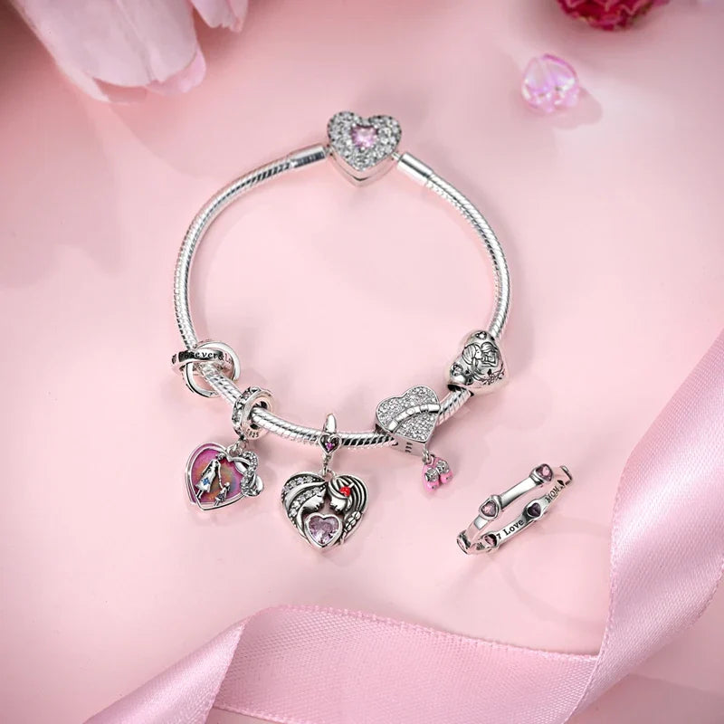 925 Sterling Silver Love Heart Family Charm Bead Pendant for Women's Bracelet Jewelry Gift