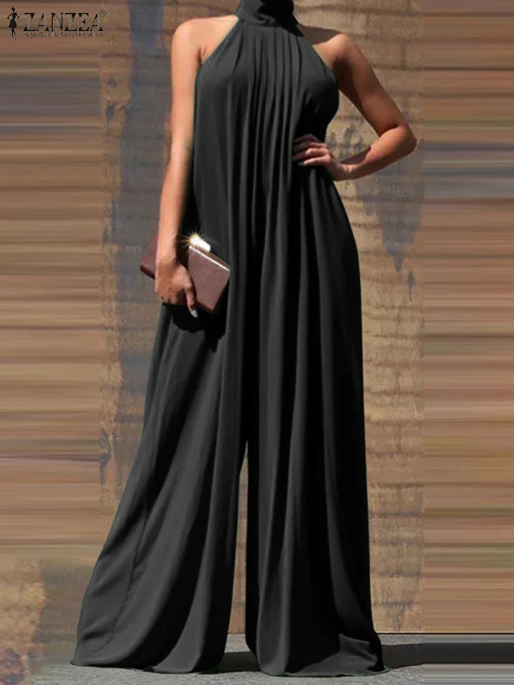 Elegant Sleeveless Wide Leg Jumpsuit for Women Party Casual Holiday Maxi Romper with Stand Collar and Back Button Closure