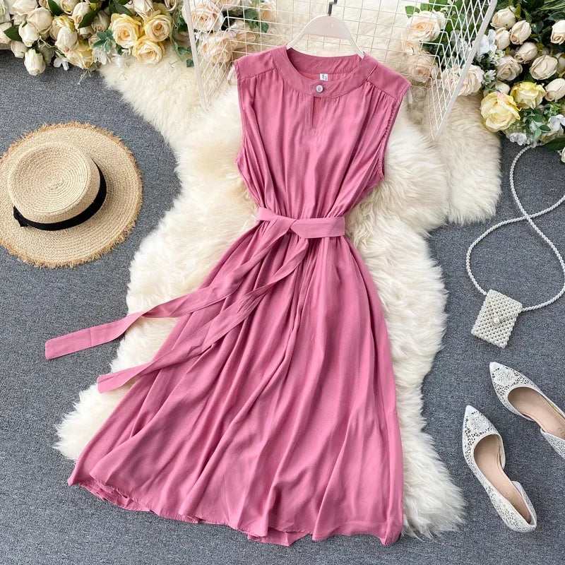 Sleeveless Summer Dress Solid Colors Green Blue Yellow Casual