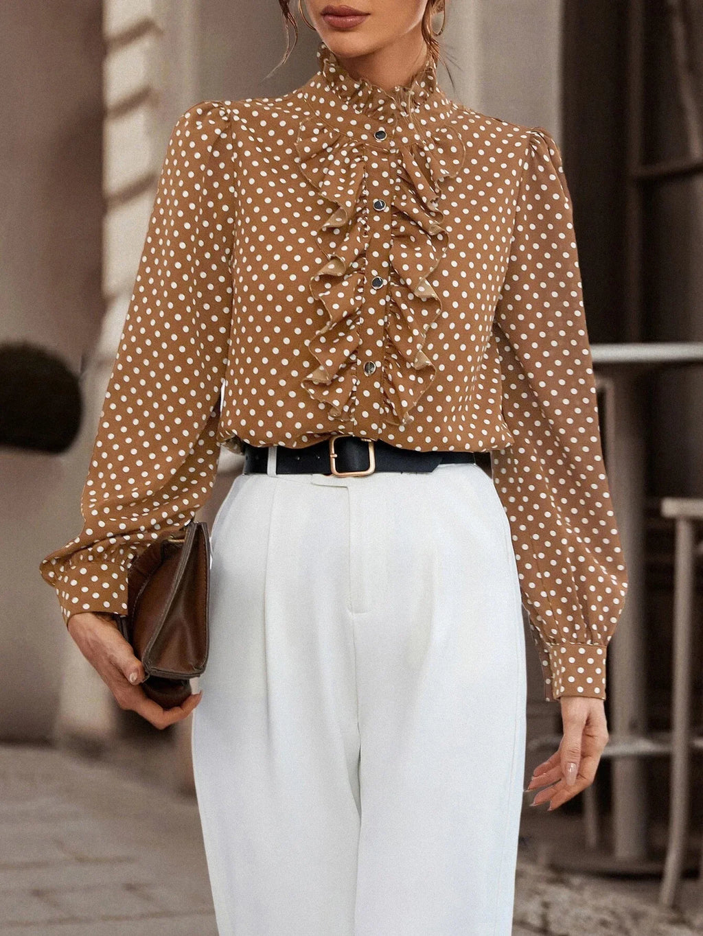 Long Sleeve Polka Dot Button Shirt for Women with Ruffle Detail Elegant Office Blouse Casual Fashion Top