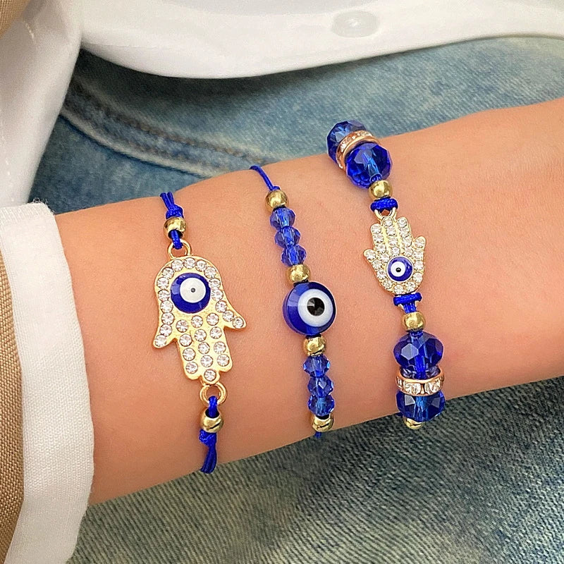 3 Pieces Lucky Turkish Blue Evil Eye Bracelets with Fatima Hand Hamsa and Butterfly Charm Handmade Jewelry
