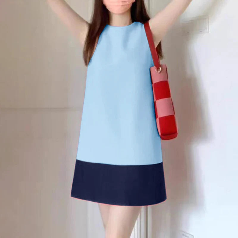 Korean Style Patchwork Sundress Sleeveless Round Neck Mini