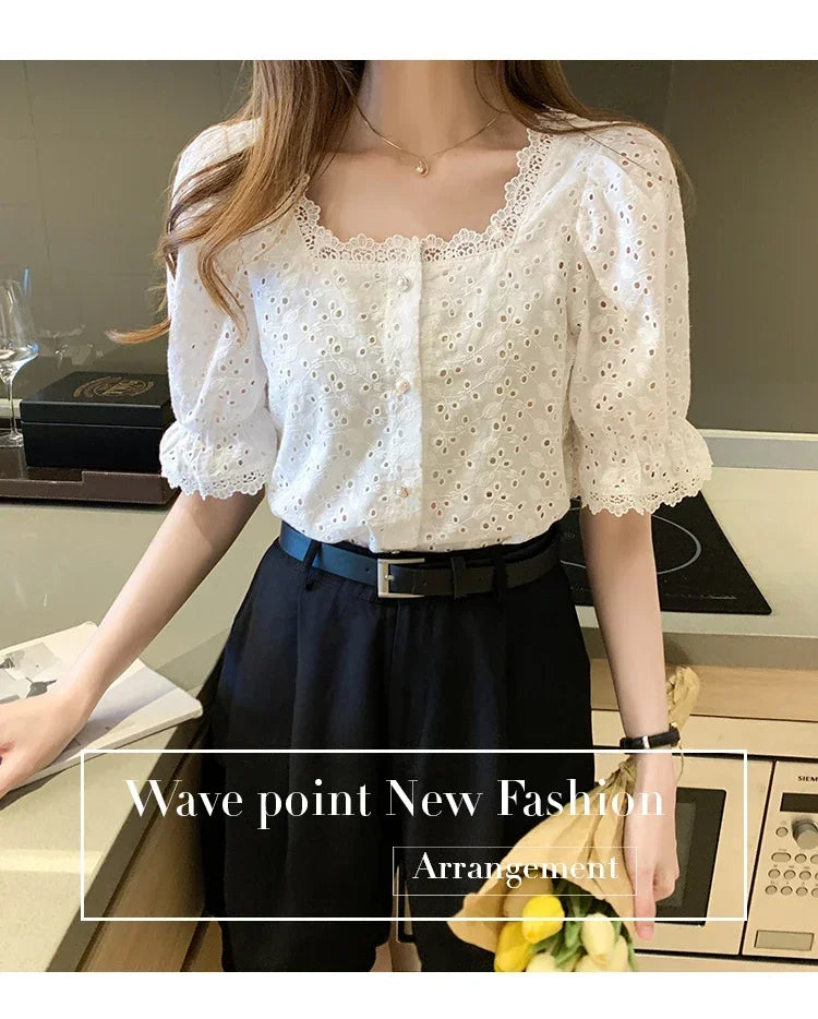 Elegant White Lace Blouse for Women Short Sleeve Square Collar Hollow Out Summer Shirt Chic and Breathable Feminine Top