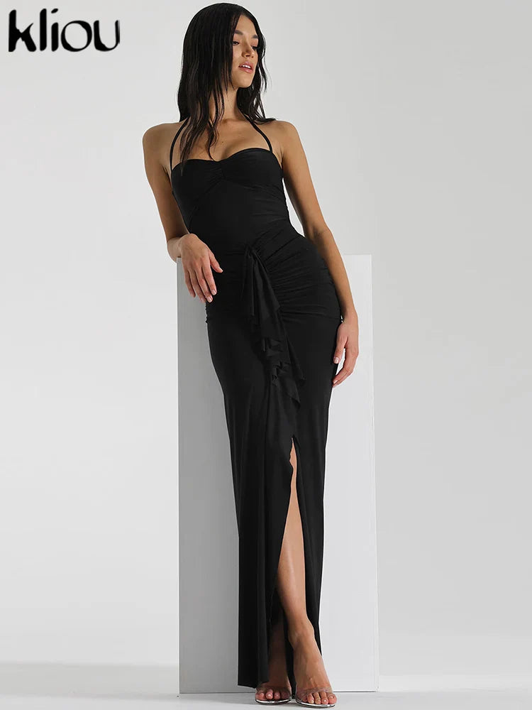Halter Ruched Bandage Maxi Dress For Women Sleeveless