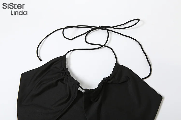 Junior Mid-Calf High Street Skirt Suit for Girls Solid Halter Neck with Slit Cleavage and Backless Design