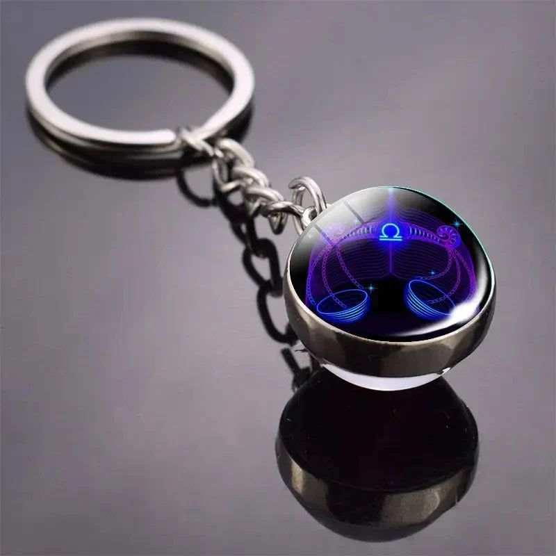Luminous Zodiac Key Chain Double Sided Glass Ball Pendant for Men and Women Birthday Gift