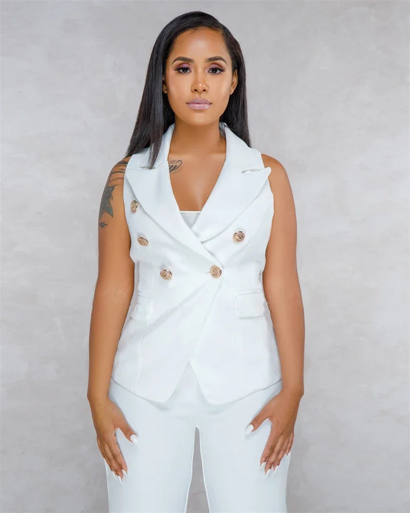 Elegant Women's Two Piece Suit Set with Sleeveless Blazer