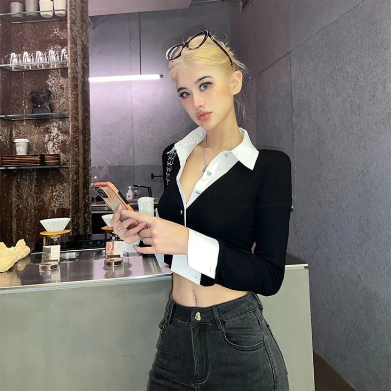 Y2K Two Piece Illusion Crop Top Women's Patchwork Slim Fit Long Sleeve Shirt Casual Streetwear Blouse for Spring and Autumn