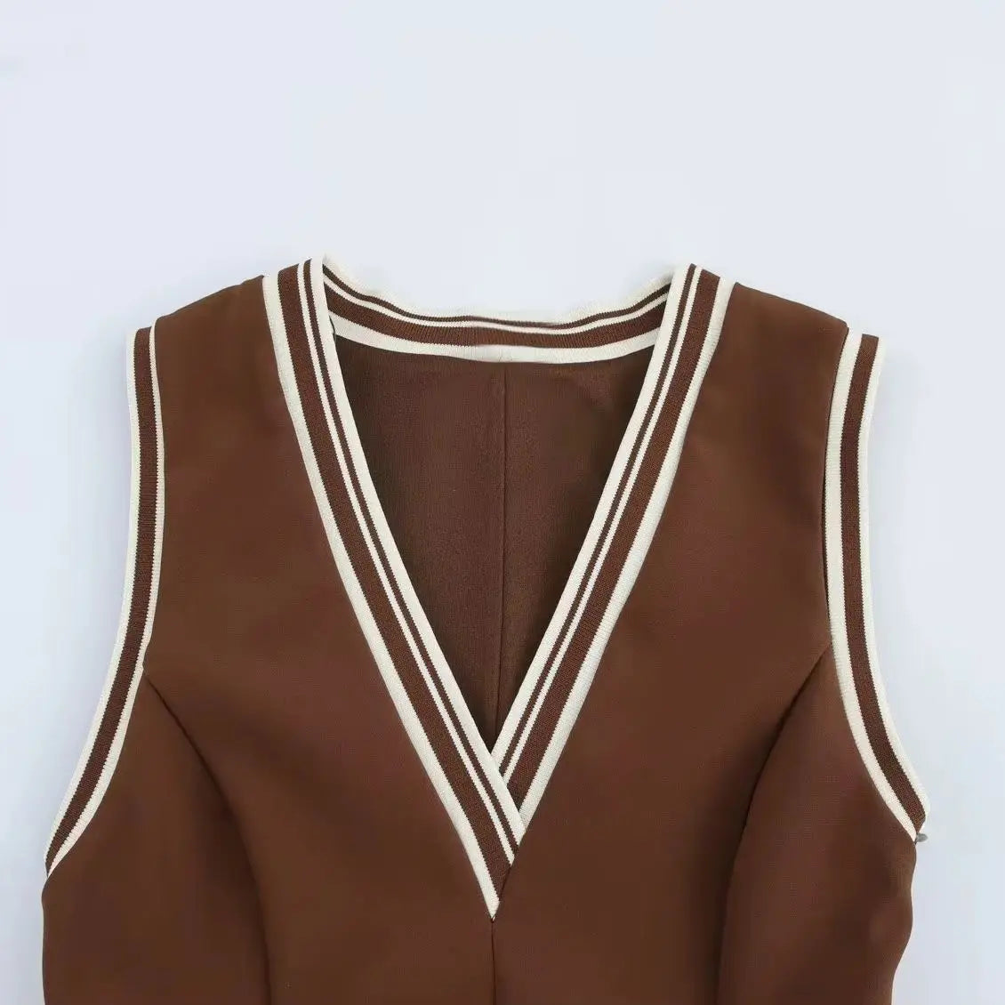 Women's Brown Striped Pleated Mini Dress Sleeveless Beach