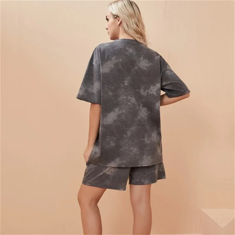 2Piece Women's Tie Dye T-Shirt and Wide Leg Shorts Set Casual Loose Fit Soft Summer Outfit with Pockets