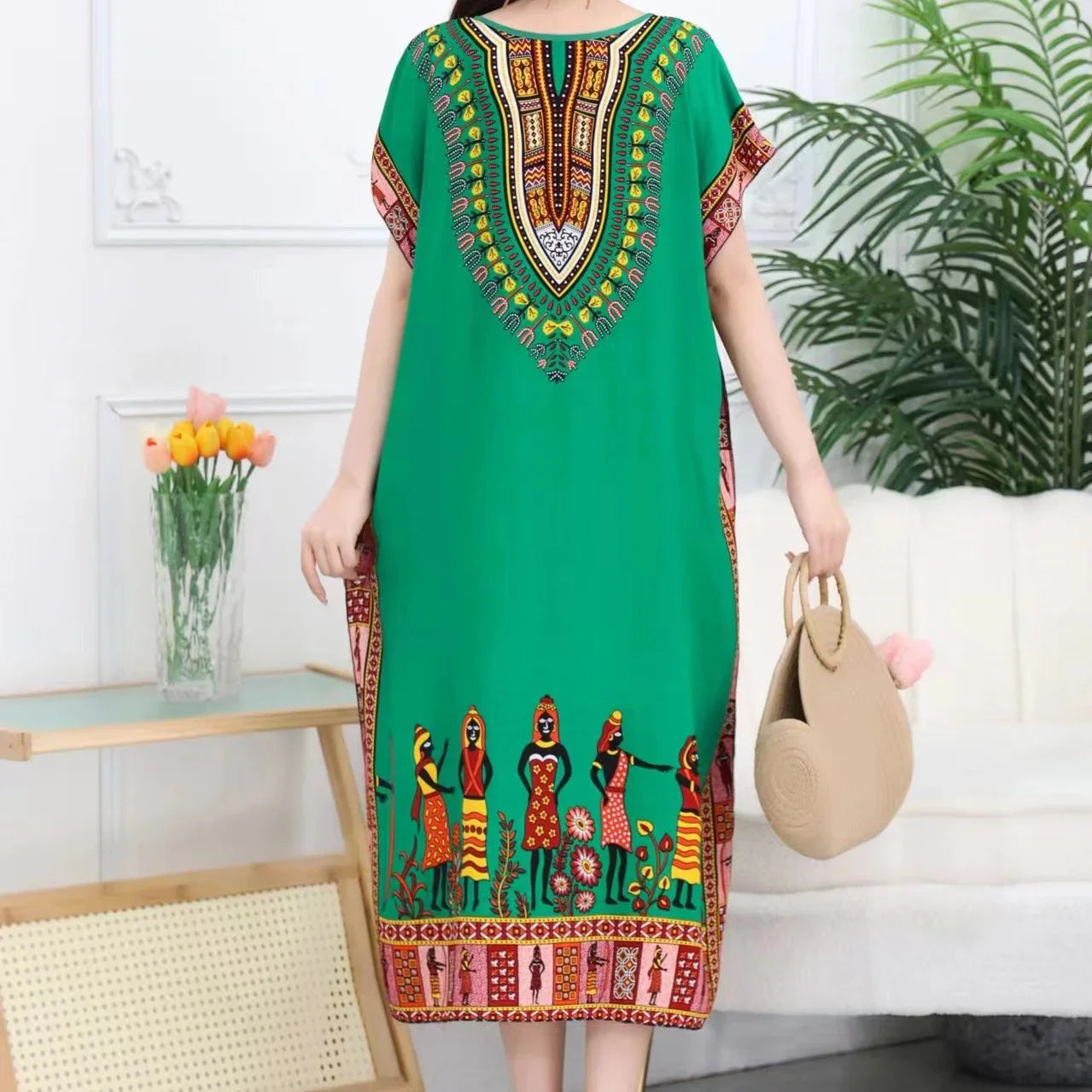 Bohemian Ethnic Print Midi Dress V Neck With Batwing Sleeves