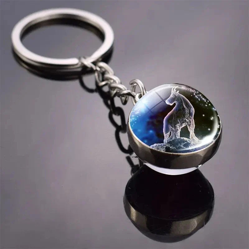 Luminous Zodiac Key Chain Double Sided Glass Ball Pendant for Men and Women Birthday Gift