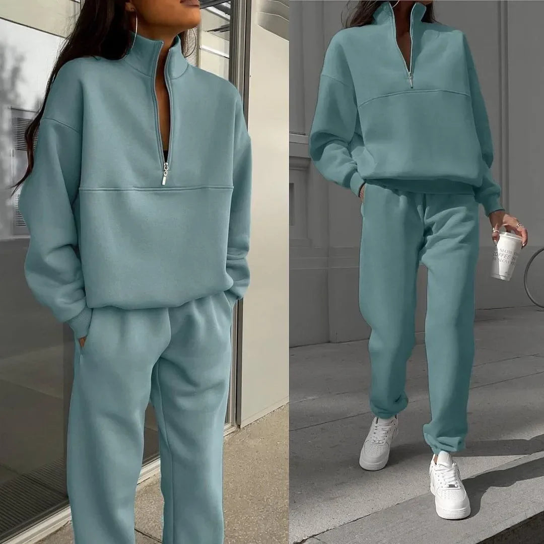 Casual Fleece Two Piece Tracksuit Set for Women with Long Sleeve Hoodie and Trousers