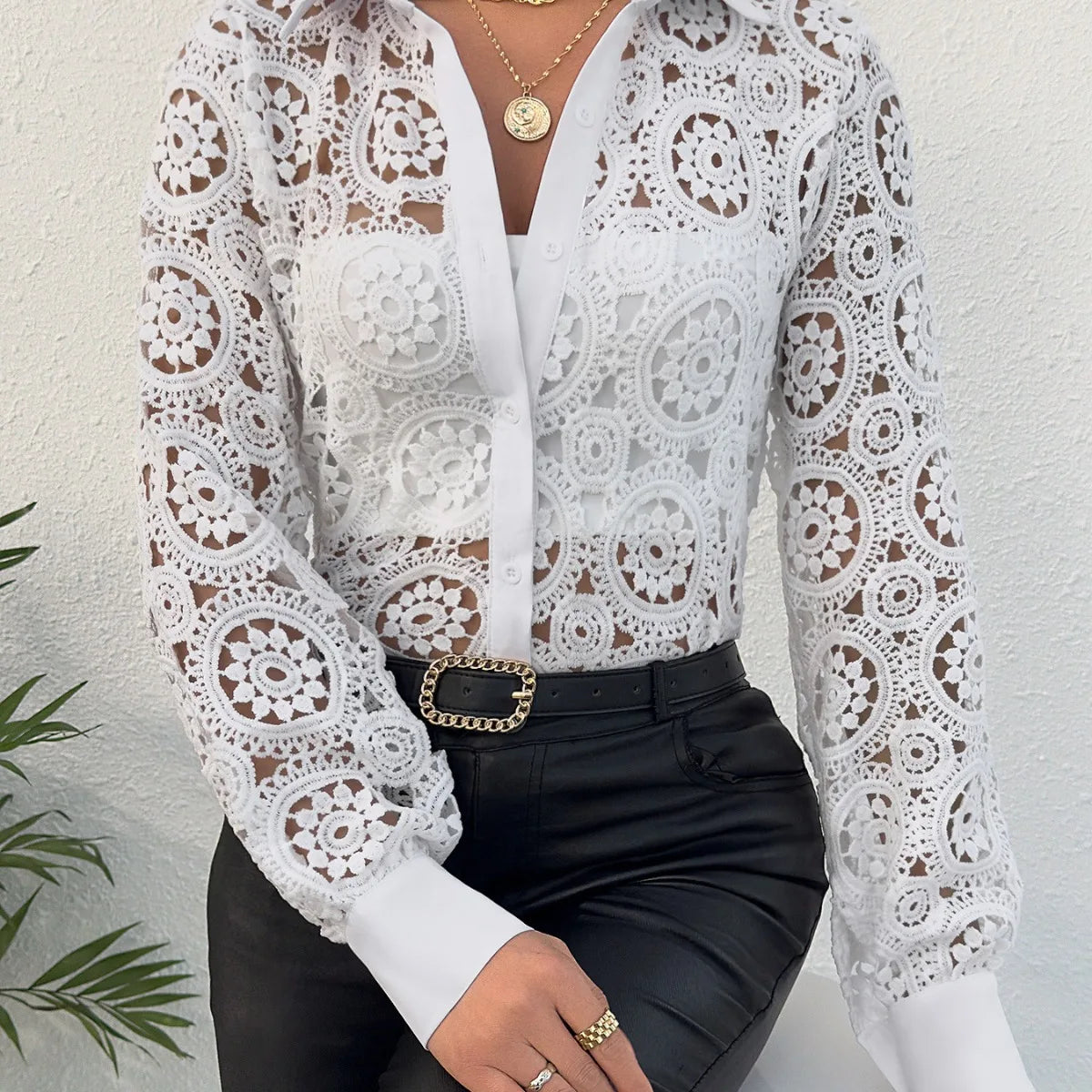 Women's Paisley Lace Button Front Blouse Hollow Out Long Sleeve Lightweight Top for Spring and Summer