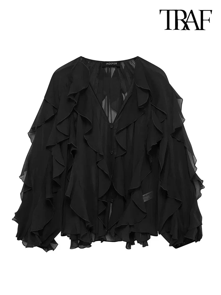 Elegant Solid Color Multi-Layered Ruffle V-Neck Sheer Long Sleeve Loose Blouse for Women